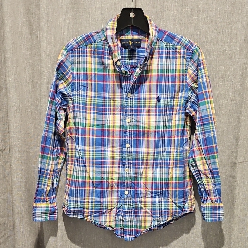 Ralph Lauren Boys Blue and Green Button Down Plaid Shirt